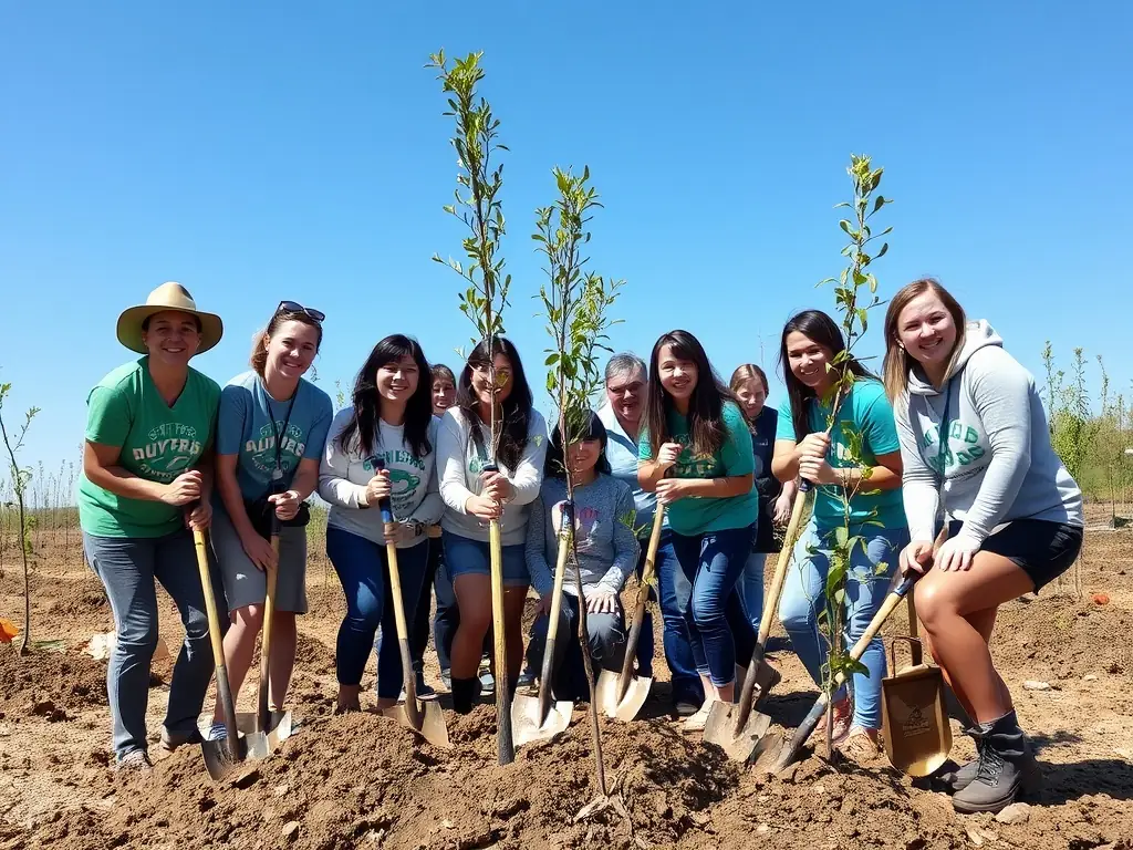 A photograph depicting a group of volunteers planting native trees in a deforested area, illustrating the reforestation efforts of ASSOCIATION COMMUNALE DE CHASSE AGREEE DE VEZE.