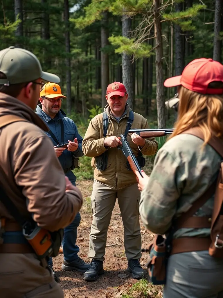 A photograph of a hunter education workshop organized by ASSOCIATION COMMUNALE DE CHASSE AGREEE DE VEZE, showing instructors teaching safe hunting techniques to new members.