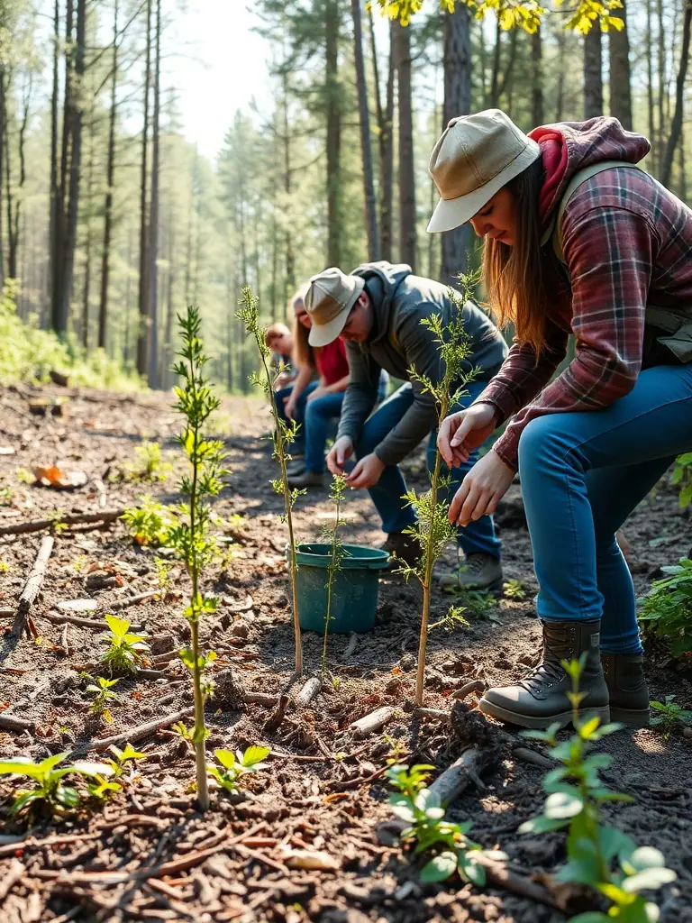 A photograph showing association members conducting a forest cleanup activity, removing debris and planting native trees to improve habitat quality.