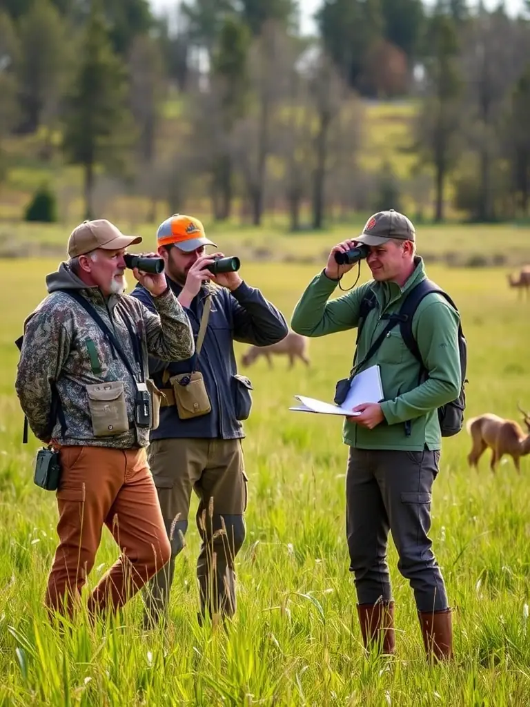 A photograph of a group of members of ASSOCIATION COMMUNALE DE CHASSE AGREEE DE VEZE participating in a wildlife census in the Vézère valley, France. They are using binoculars and notebooks to record their observations.