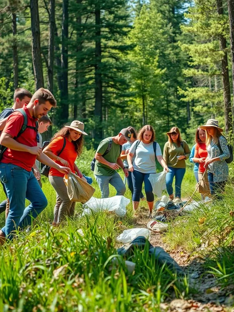 A photograph of ASSOCIATION COMMUNALE DE CHASSE AGREEE DE VEZE members cleaning up litter and debris from a local forest area, showcasing their commitment to environmental preservation.