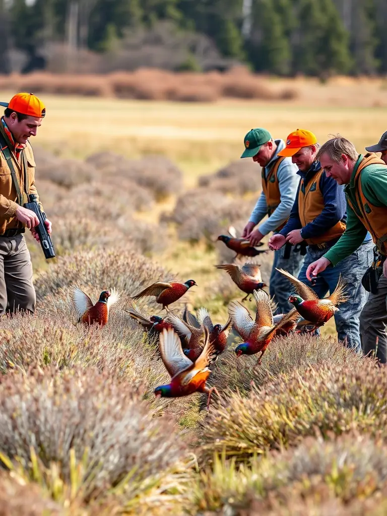 A photograph depicting a group of volunteers releasing pheasants into a managed habitat, showcasing the association's commitment to wildlife repopulation.