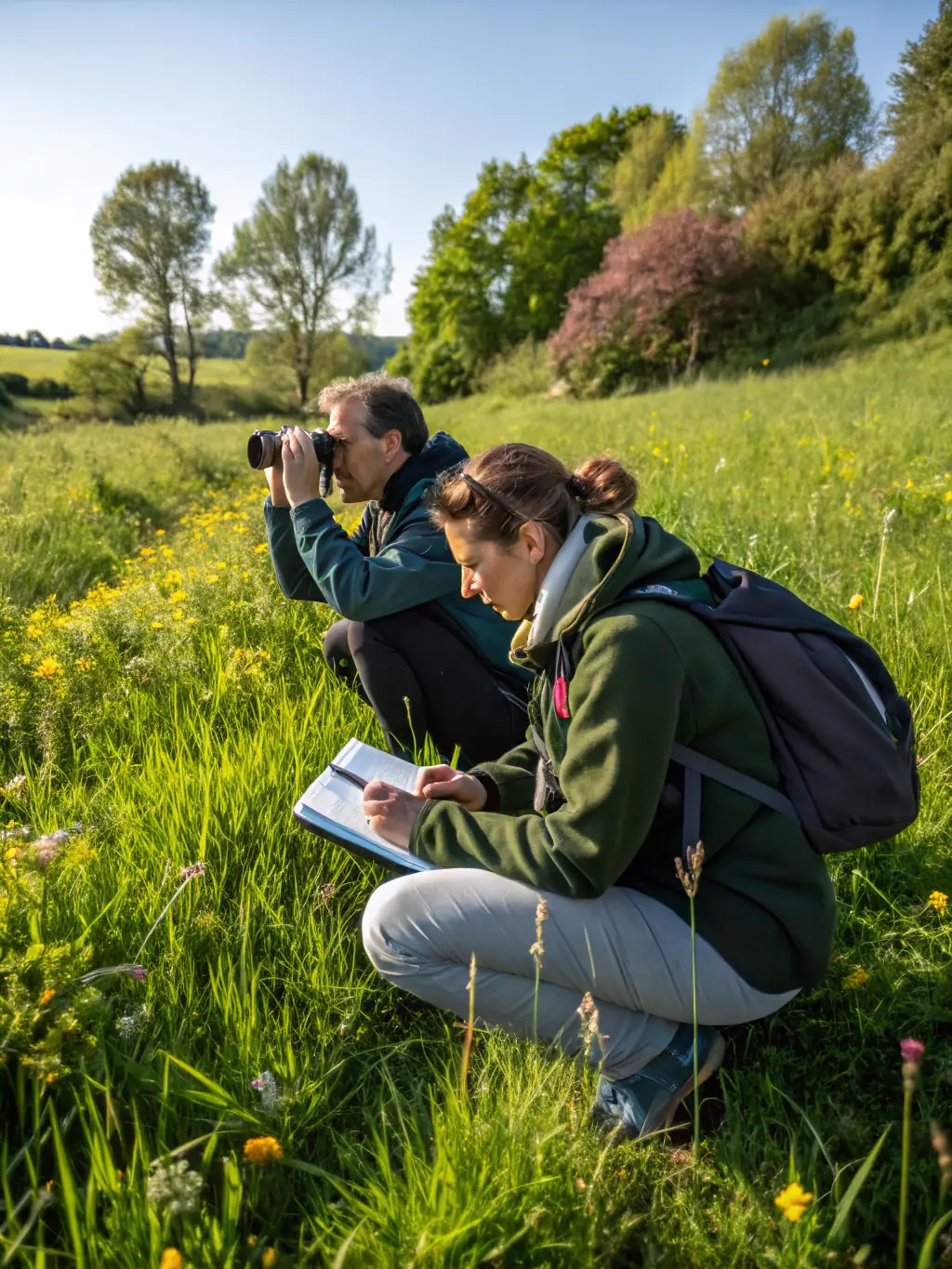 A photograph depicting members of ASSOCIATION COMMUNALE DE CHASSE AGREEE DE VEZE participating in a wildlife census in the Vézère valley, focusing on identifying and counting local bird species.
